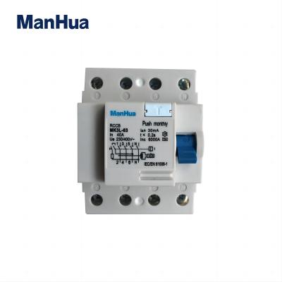 MK3L-63 Four Poles  40A 10A Electronic RCCB 240VAC 30mA 4P 6KA Residual Current Circuit Breaker Electric Leakage Protection RCD